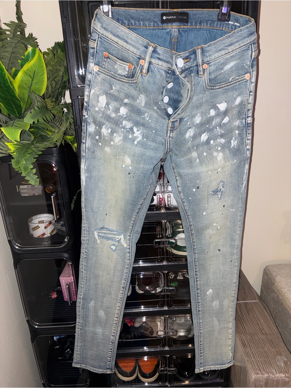 PURPLE Brand Men's Skinny Light Blue Distressed Paint-Splatter Jeans